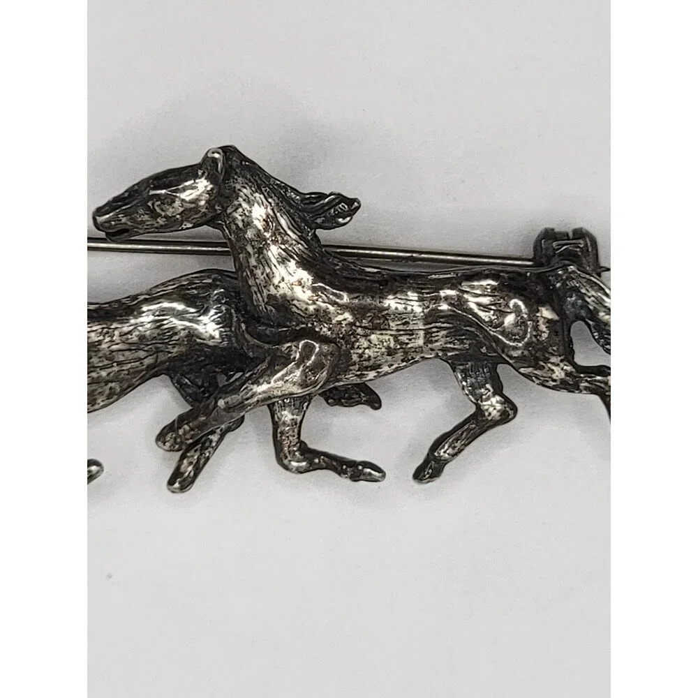 Vintage Zentall Three Running Horses Silver Tone Brooch